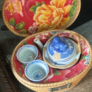 Blue & White Ceramic Tea Set in Woven Basket foo dog design